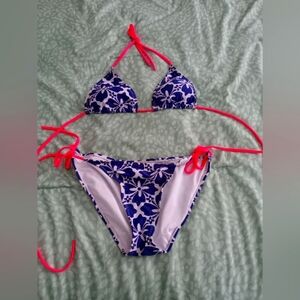 Hawaiian Bikini 2pc Swimsuit CUTE Coral & Blue Old Navy Medium Adjustable ties A
